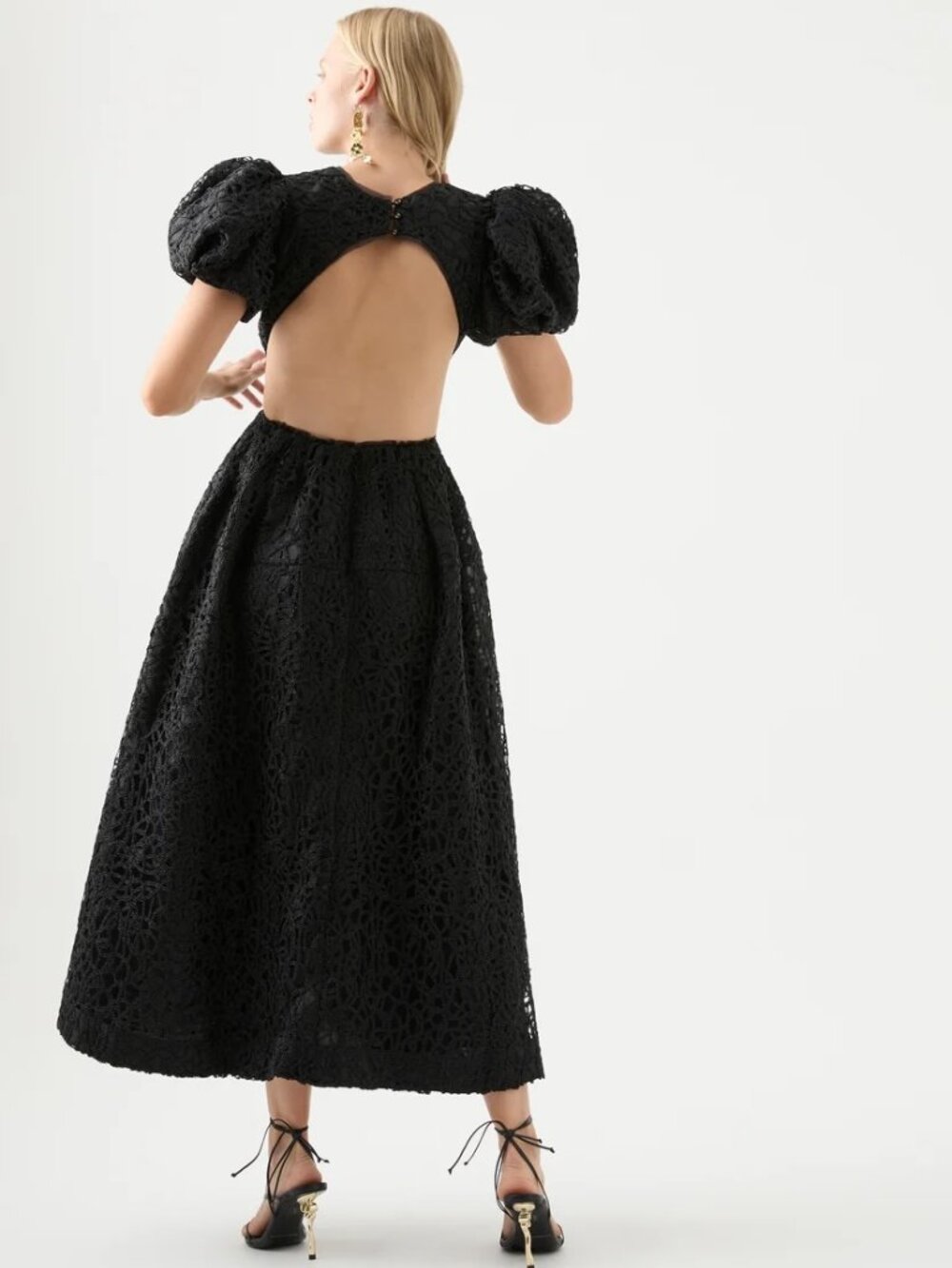 Aje Patina Lace Midi Dress Black Puff Sleeve Cutout NWT Size 10 (US 6)
